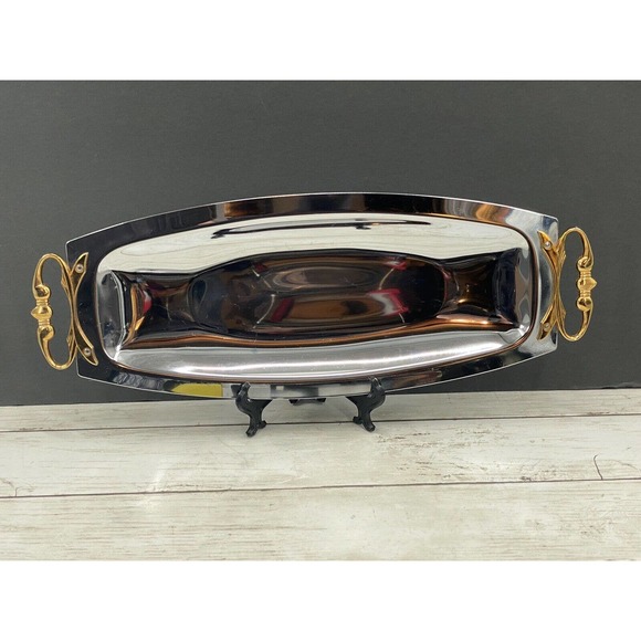 MCM Kromex Silver Serving Tray Bread Platter Chrome Brass Handles 17.5 x 6.5" - Picture 8 of 12